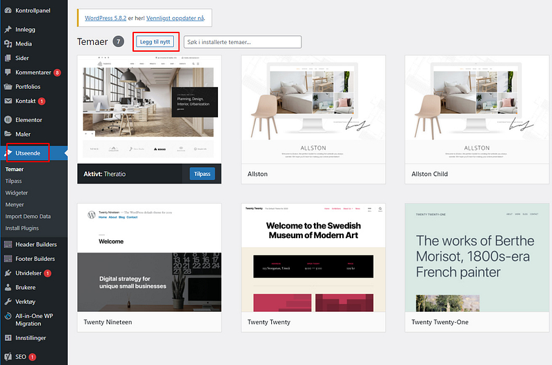 Bilde av menyen utseende i WordPress.